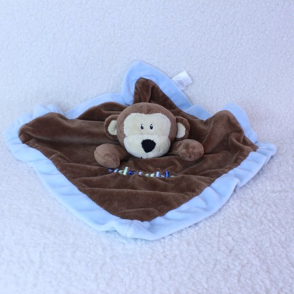 First Impressions MONKEY Plush Security Blanket Lovey Brown Blue 12.5" x 12.5" - Picture 1 of 6